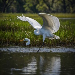 A great egret spreading wings in a swamp.