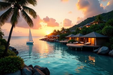 Naklejka premium Serene Sunset Overwater Bungalows and a Sailboat at Golden Hour