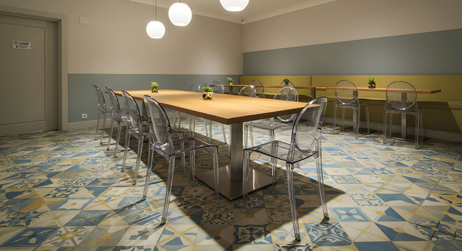 Elegant Dining Area With Patterned Tile Floor and Transparent Chairs - Powered by Adobe