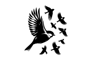 Birds Silhouette Hand Drawn Illustration Black and White Vector Isolated