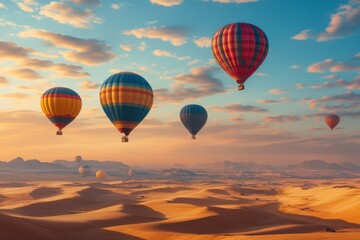 Obraz premium Stunning hot air balloons float over golden desert dunes at sunrise with warm hues and vibrant colors