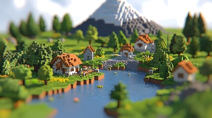 Idyllic Village Landscape, Low-Poly 3D Render