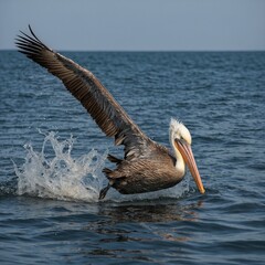 A pelican diving for fish in coastal waters.