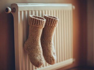 Warm socks drying by radiator with cozy atmosphere and copy space on left