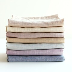 Isolated on white background. A stack of soft linen fabrics in soothing pastel colors, perfect for home decor projects.