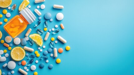 A blue background with a variety of pills and a bottle of pills. The pills are in different colors