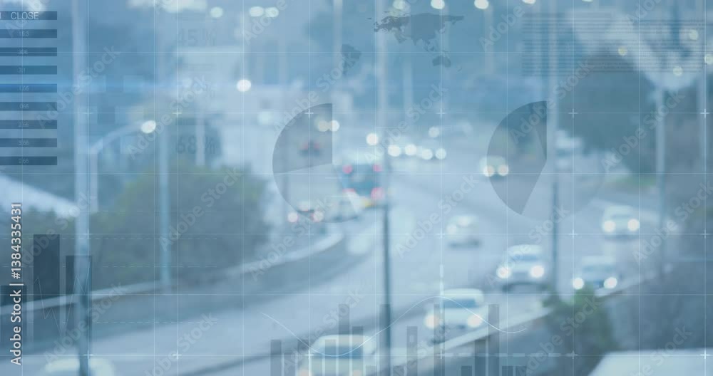 Poster traffic on busy highway with data charts and graphs overlay animation