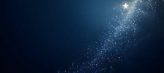 A blue background with a glowing Christmas tree, star, and swirls of light particles on the right side of it The Christmas tree is made from sparkling white lights space for text,

