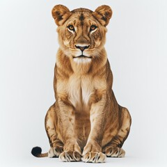 Fototapeta premium Young lioness sitting, studio shot, white background, wildlife photography