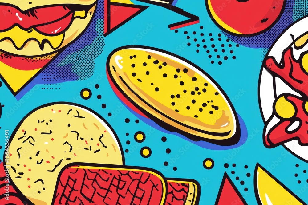 Poster Colorful Memphis-style pop-art background featuring floating food shapes and geometric designs for a vibrant visual experience