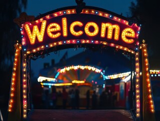 Carnival welcome arch with festive LED lighting and space for text above