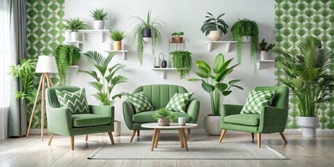 Fototapeta premium Cozy Green Living Room Interior Design: Plants, Chairs, Home Decor