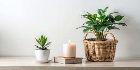 Fototapeta premium Cozy Home Interior: Plant, Candle, Wicker Basket, Tabletop Photography, Copy Space, Room Decor, Background Image, Houseplant, Still Life