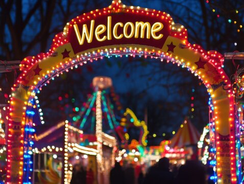 Carnival welcome arch with festive LED lighting and space for text above - Powered by Adobe