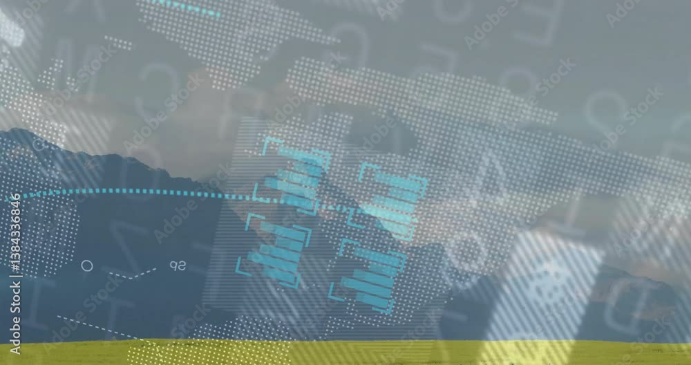 Poster digital data processing animation over landscape with mountains and cloudy sky