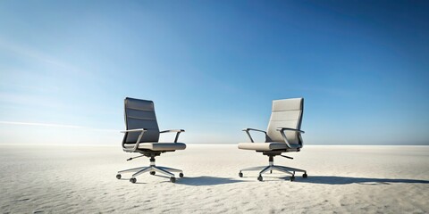 Desolate Office Chairs, Empty Space, Clear Sky, High Depth of Field, Surreal Landscape Photography