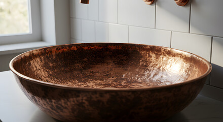 Copper Vessel Sink In Modern Bathroom with Subway Tile Background