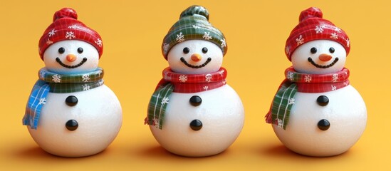 Three cute snowmen wearing hats and scarves on a vibrant yellow background