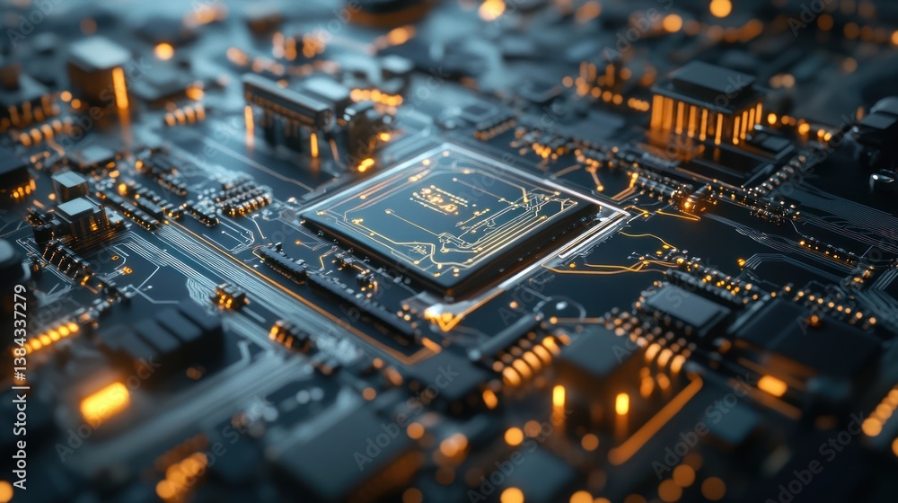 Poster intricate motherboard showcasing integrated circuits and data transfer paths