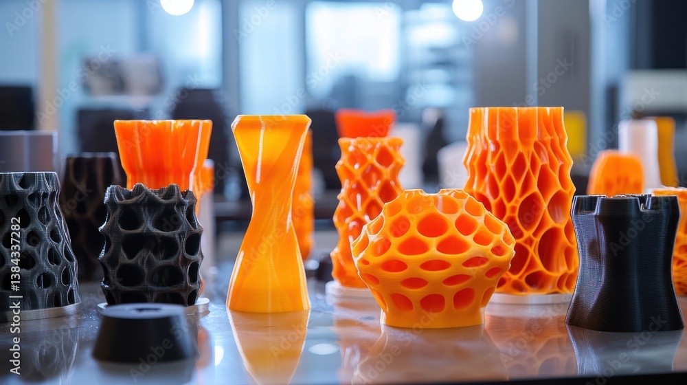 Poster assortment of creatively designed 3d printed objects showcases technological artistry