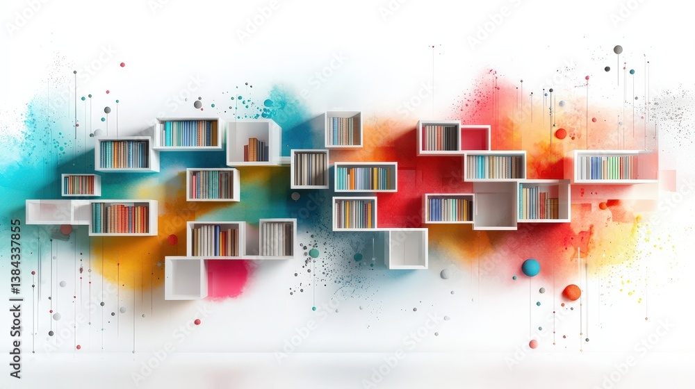 Poster a colorful bookcase with many books on it. the books are arranged in different colors and sizes