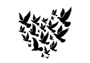 Birds Silhouette Hand Drawn Illustration Black and White Vector Isolated