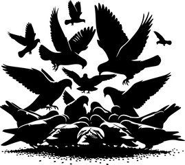 Birds Silhouette Hand Drawn Illustration Black and White Vector Isolated