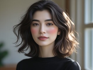 Fototapeta premium Natural beauty of a young brunette woman with soft makeup and healthy glowing skin, perfect for skincare, fashion, or lifestyle branding and editorial content