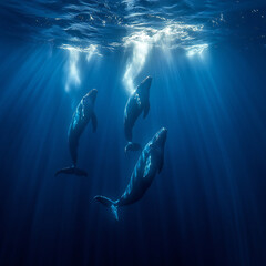 Naklejka premium A pod of whales swimming through the deep ocean, their massive bodies moving gracefully