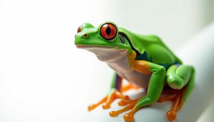 Obraz premium Green tree frog perched on white, vibrant skin, nature photography, green frog