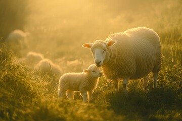 Obraz premium Ewe and lamb at sunrise in pasture; idyllic farm scene