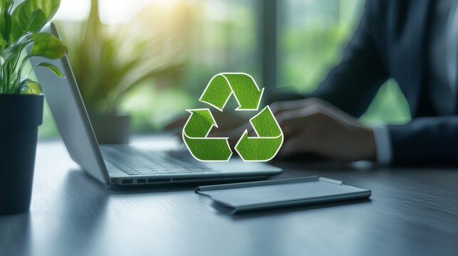 Ecoconscious computing, laptop with recycling symbol promoting sustainable technology and green practices
