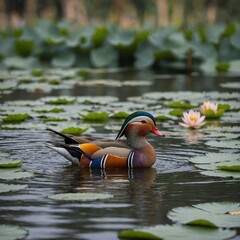 A mandarin duck gliding over a lotus pond.