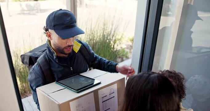 Delivery man, woman and digital signature in home for package distribution, online shopping and supply chain. Above, mom and baby with courier at front door for parcel box, ecommerce or tablet stylus