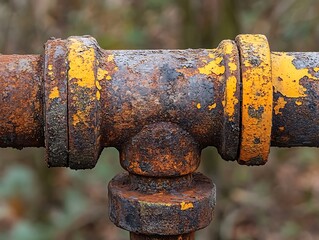 A close up view of a rusty industrial pipe fixture