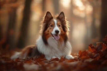 Autumn dog portrait, forest leaves, happy canine, fall colors, nature scene, pet photography