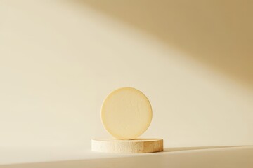 A minimalist arrangement of a wooden podium and circle