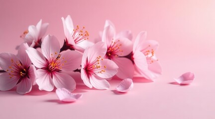 Delicate pink blossoms, softly illuminated, resting on a pale pink surface, showcasing springtime's gentle beauty and ethereal grace