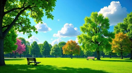 Fototapeta premium Serene Park Landscape Lush Green Grass, Vibrant Trees, and Tranquil Benches Under a Sunny Sky