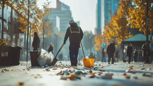 City street cleaner sweeps debris after a celebration - Powered by Adobe