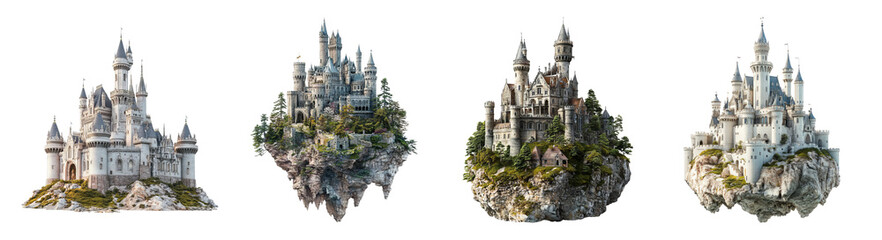 Obraz premium Enchanting Fantasy Castles on Floating Islands in Dreamlike Landscapes, PNG bundle collection, Isolated on Transparent Background