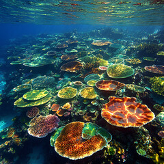 A vast underwater plateau covered with coral, sea fans, and an array of tropical fish