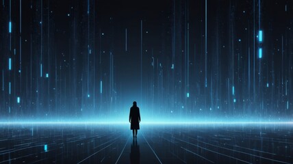 Pensive representation of a person standing alone in a dark room evoking digital emotion and loneliness through a high fidelity visual interpretation of isolation