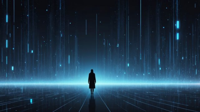 Pensive representation of a person standing alone in a dark room evoking digital emotion and loneliness through a high fidelity visual interpretation of isolation