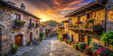 Naklejka premium Enchanting Sunrise Stone Village, Cantabria, Spain: Cobbled Alleys & Flower-Adorned Balconies, Saja-Besaya Natural Park, Barcena Mayor Photography