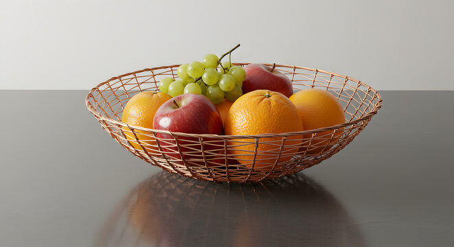 Assorted Fresh Fruits Displayed in Copper Wire Basket on Polished Counter - Powered by Adobe