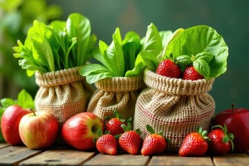 Fresh Spring Produce in Rustic Burlap Bags with Red Apples and Strawberries