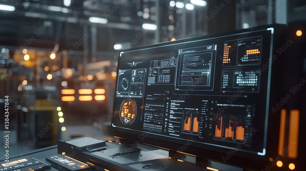 Poster futuristic computer monitor displaying complex data and graphs in a modern industrial setting. orang