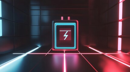 Futuristic glowing battery icon symbolizing ultra fast charging, power efficiency, set against a high-tech digital background, representing clean energy, innovation, sustainability, modern technology