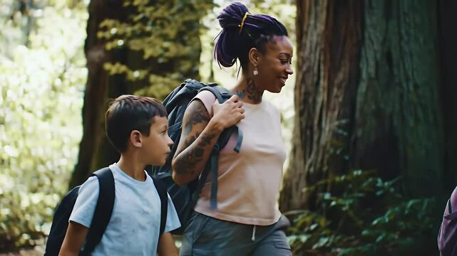 Happy single african mother and her young children hiking in lush forest on vacation trip together, using map to navigate their adventure and wearing backpacks. Young mother with her son and daughter